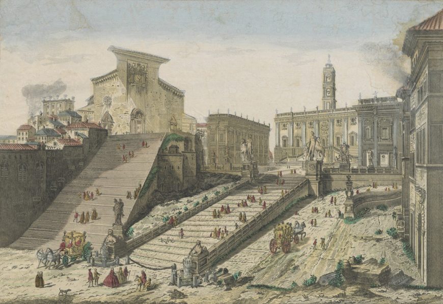 View of the Campidoglio, Rome, with the Capitoline Museum at top right, from Prospectus Capitolii Romani cum Scala versus Templum Aracaeli, 1750 (Bibliothèque nationale de France)