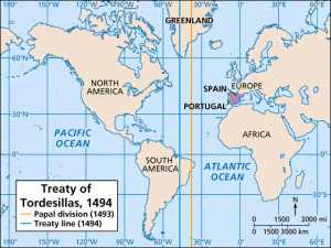 The Treaty of Tordesillas in 1494 divided colonial possessions around the world between Spain and Portugal. Everything to the west of the treaty line was property of Spain, and east of the line belonged to Portugal (map: Ultimadesigns, CC 0)