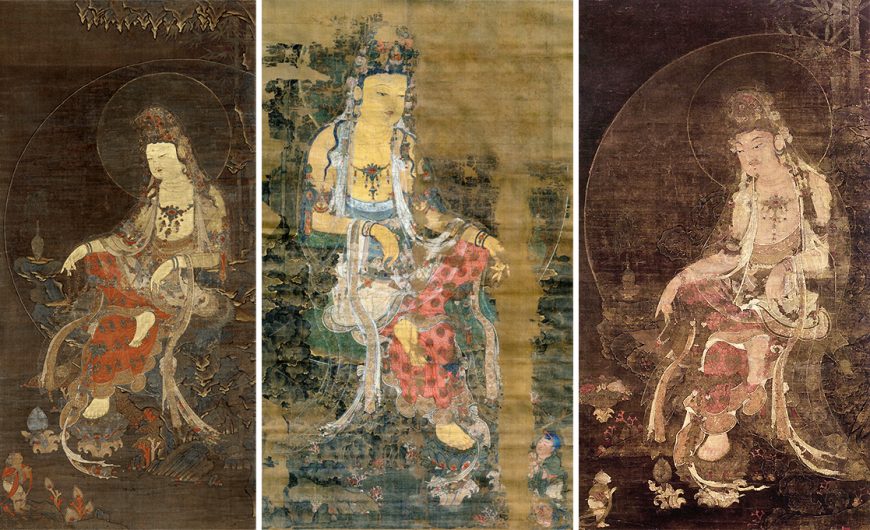 Three Goryeo paintings of Water-Moon Avalokiteśvara. Left: mid-14th century, ink, color and gold on silk, 98.3 x 47.7 cm (Freer Gallery of Art); center: 14th century, color on silk, 104 x 55.9 cm (Musée Guimet, Paris); right: Kim Wumun et al., 1310, ink, colors, and gold on silk, 419.5 x 101.5 cm. (Kagami Shrine, Karatsu City, Japan)