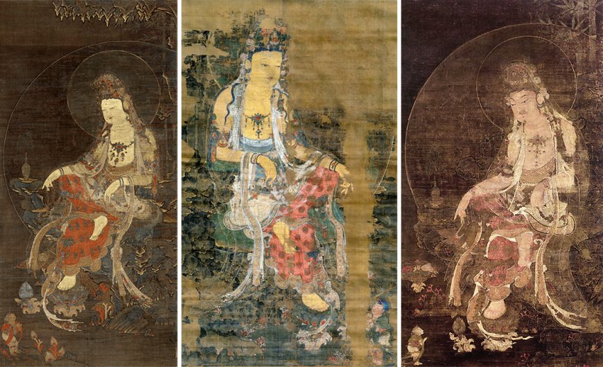 Three Goryeo paintings of Water-Moon Avalokiteśvara. Left: mid-14th century, ink, color and gold on silk, 98.3 x 47.7 cm (Freer Gallery of Art); center: 14th century, color on silk, 104 x 55.9 cm (Musée Guimet, Paris); right: Kim Wumun et al., 1310, ink, colors, and gold on silk, 419.5 x 101.5 cm. (Kagami Shrine, Karatsu City, Japan)