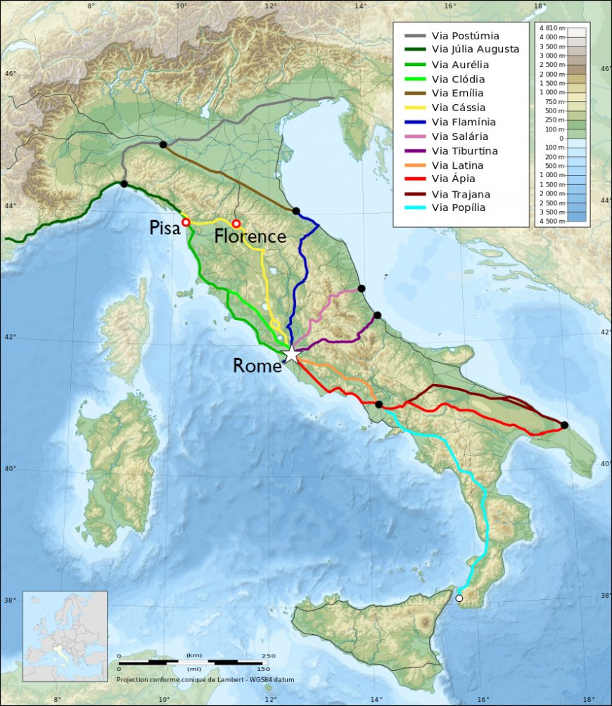 Map of Roman roads on the Italian peninsula (source: Eric Gaba, Agamemnus, Flappiefh, CC BY-SA 3.0)
