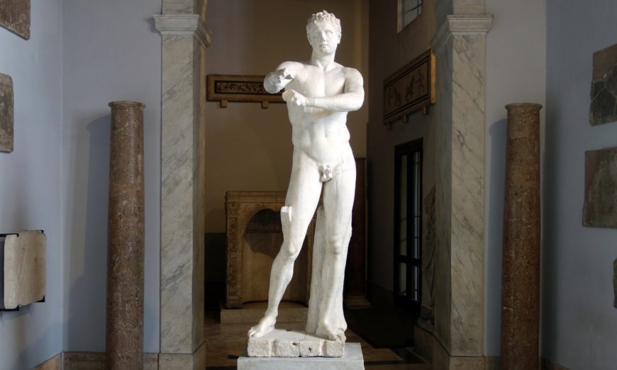 Lysippos of Sikyon, Apoxyomenos (Scraper), Hellenistic or Roman copy after 4th c. Greek original, c. 390–306 B.C.E., 207.3 cm / 6 feet 9 inches high (Vatican Museums)