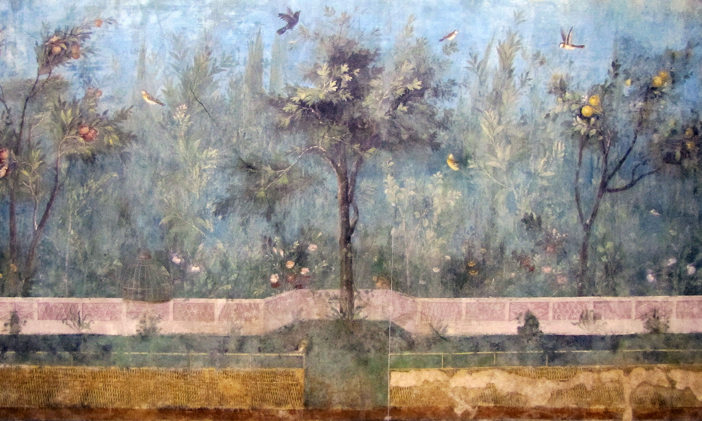 Painted Garden, removed from the triclinium (dining room) in the Villa of Livia Drusilla, Prima Porta, fresco, 30–20 B.C.E. (Museo Nazionale Romano, Palazzo Massimo, Rome; photo: Steven Zucker, CC BY-NC-SA 2.0)