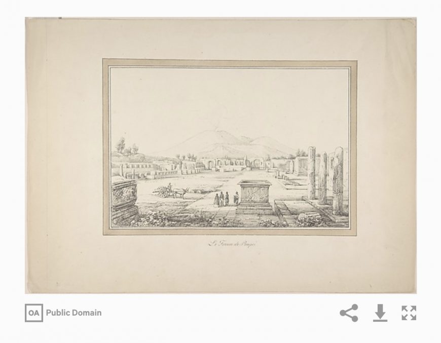 This print from The Metropolitan Museum of Art is clearly labeled on their website as "public domain," and they provide a link to download a high-resolution version of the image. (View of Pompeii, 19th century, pen and black and gray ink, 25.7 x 34.5 cm, The Metropolitan Museum of Art)