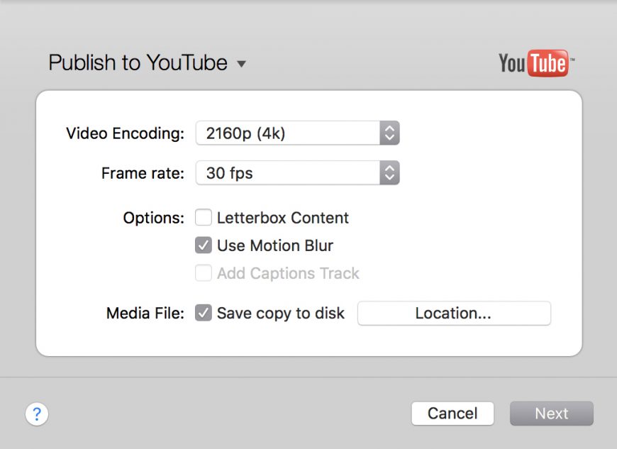 Screenflow settings for publishing to YouTube