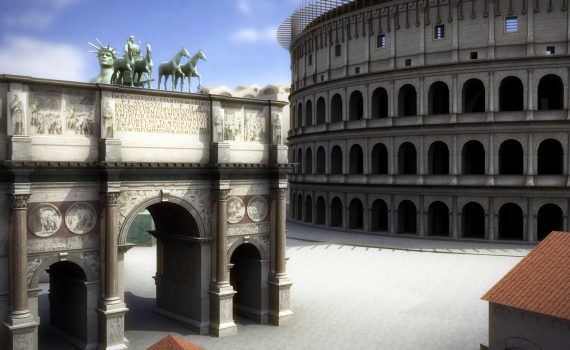 View of the Arch of Constantine and the Colosseum reconstruction my Dr. Bernie Frischer