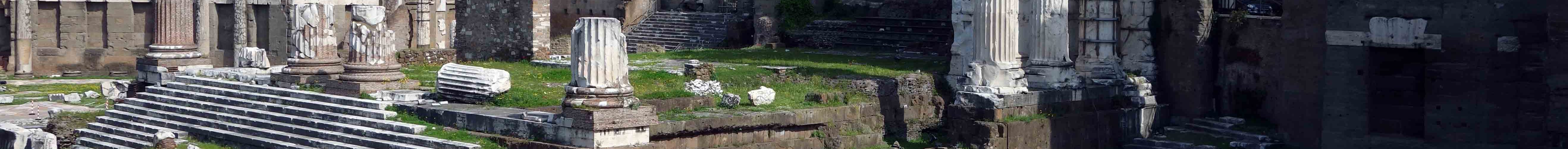 Ruins of the Temple of Mars Ultor in the Forum Augusti, c. 2 B.C.E.; the stairs to the temple platform are visible (left) and the paving stones of one portico can be seen at the lower right