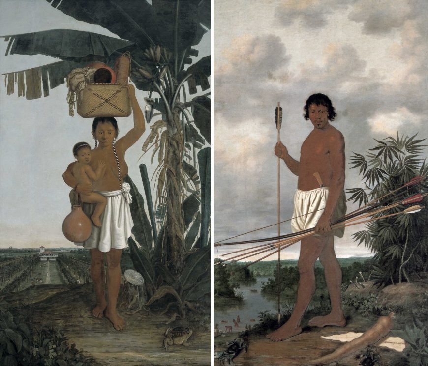 Albert Eckhout, left: Brazilian woman, 1641, oil on canvas, 183 x 294 cm; right: Brazilian man, 1641, oil on canvas, 272 × 163 cm (The National Museum of Denmark)