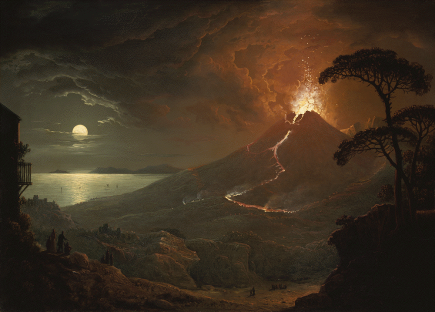 Sebastian Pether, The Eruption of Vesuvius, 1825, oil on wood panel (The Nelson Atkins Museum of Art). Vesuvius erupted in the late 1700s and early 1800s. Though the artist travelled to Italy to paint the volcano, he depicted here the one eyewitness account of the eruption in 79 C.E.