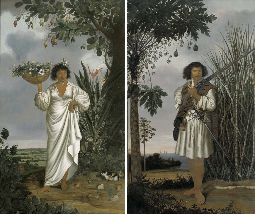 Albert Eckhout, left: mameluca woman, 1641, oil on canvas, 271 x 170 cm; right: mulatto man, 1641, oil on canvas, 274 x 170 cm (The National Museum of Denmark)
