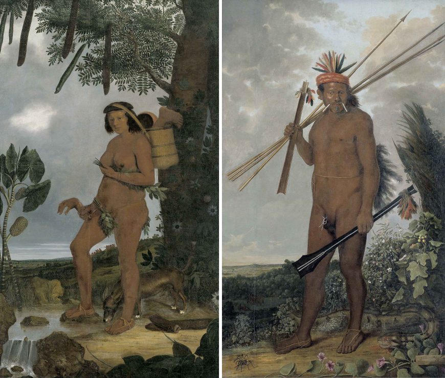 Albert Eckhout, left: Tapuya woman, 1641, oil on canvas, 272 x 165 cm; right: Tapuya man, 1641, oil on canvas, 176 x 280 cm (The National Museum of Denmark)