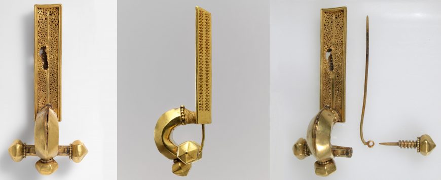 Three views of Crossbow Brooch, c. 430, made in Rome or Constantinople, gold, 11.9 x 5.5 x 4 cm (The Metropolitan Museum of Art)