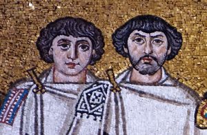 Attendants wearing fibulae, Emperor Justinian Mosaic (detail), San Vitale, Ravenna, c. 546-56 C.E.