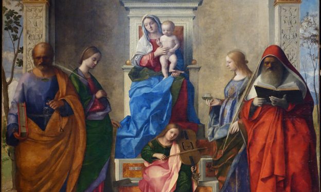 Giovanni Bellini, San Zaccaria Altarpiece, 1505, oil on wood transferred to canvas, 16′ 5-1/2″ x 7′ 9″ inches (San Zaccaria, Venice)