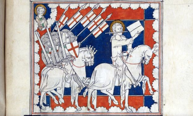 Christ leading crusaders into battle, detail from an Apocalypse, with commentary (The “Queen Mary Apocalypse”), early 14th century, f. 37 (British Library)