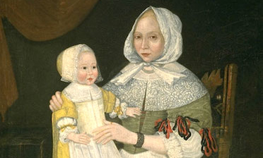 Freake painter, Elizabeth Clarke Freake (Mrs. John Freake) and Baby Mary, c. 1671 and 1674, oil on canvas, 42 1/2 x 36 3/4 inches / 108 x 93.3 cm (Worcester Art Museum)