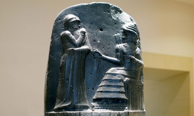 Law Code Stele of King Hammurabi (detail of relief), basalt, Babylonian, 1792-1750 B.C.E. (Musée du Louvre, Paris)