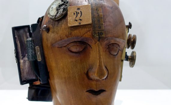 Raoul Hausmann, Mechanical Head (Spirit of Our Age), 1919, hairdresser's dummy, pocket watch and camera parts, tape measure, telescopic tumbler, leather case, cardboard bearing the number 22, and other materials, 32.5 x 21 x 20 cm (Center Pompidou, Paris)