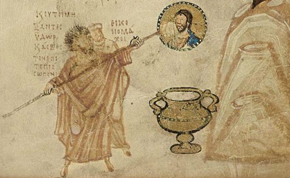 Khludov Psalter (detail), 9th century. The image represents the Iconoclast theologian, John the Grammarian, and an iconoclast bishop destroying an image of Christ. - detail