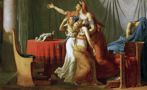 Jacques-Louis David, The Lictors Returning to Brutus the Bodies of His Sons, 1789, oil on canvas, 10' 7-1/8" x 13' 10-1/8" or 3.23 x 4.22m (Musée du Louvre, Paris)-thumb