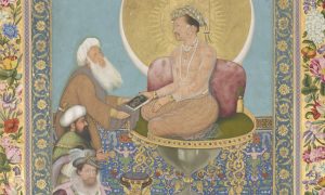 Emperor on a pedestal (detail), Bichtir, Jahangir Preferring a Sufi Shaikh to Kings from the 