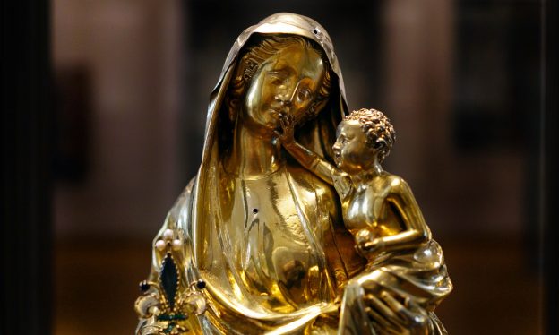 The Virgin of Jeanne d’Evreux, 1324-39, gilded silver, basse-taille, enamels on gilded silver, stones, and pearls, 68 cm high (Musée du Louvre)