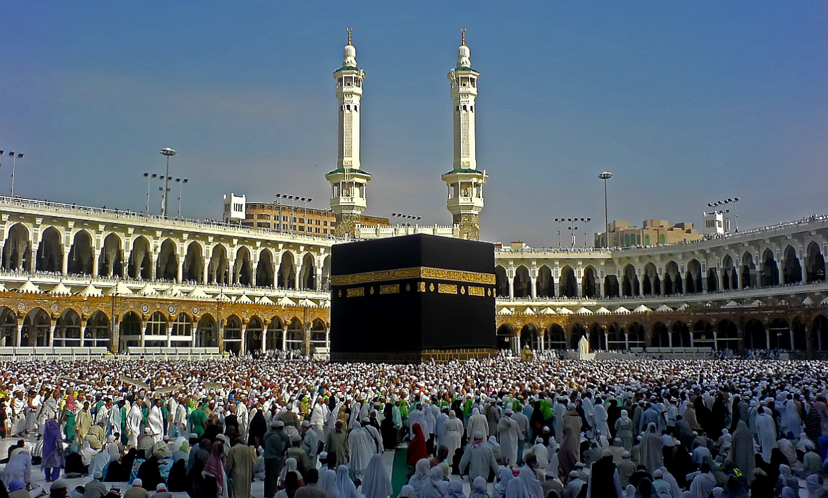 The Kaaba, granite masonry, covered with silk curtain and calligraphy in gold and silver-wrapped thread, pre-Islamic monument, rededicated by Muhammad in 631-32 C.E.