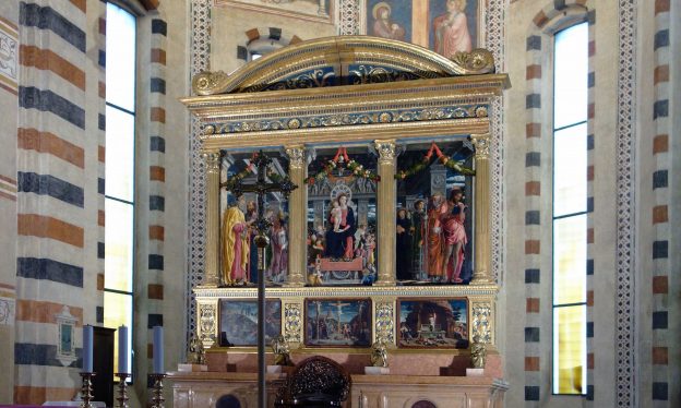 Andrea Mantegna, San Zeno Altarpiece, 1456-59, oil on panel, 212 x 460 cm / 83 x 180″, commissioned by the Benedictine Abbot, Gregorio Correr (Basilica of San Zeno, Verona)