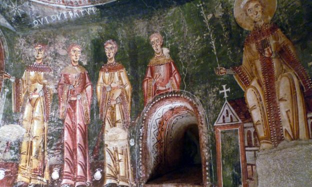 Circle of the Master of Pedret, The Wise and Foolish Virgins, south apse of the Epistle, Sant Quirze de Pedret, late 11th century to the beginning of 12th century, fresco transferred to canvas 325 x 315 x 320 cm (Museu Nacional d’Art de Catalunya, Barcelona)