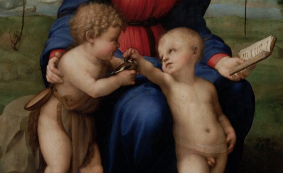 Raphael, Madonna of the Goldfinch, 1505-6, oil on panel, 42" x 30" (107 x 77 cm) (Uffizi, Florence)-detail