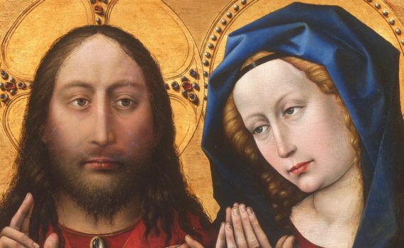 Robert Campin (also called the Master of Flémalle), Christ and the Virgin, c. 1430-35, oil and gold on panel, 11-1/4 x 17-15/16 inches (28.6 x 45.6 cm) (Philadelphia Museum of Art)