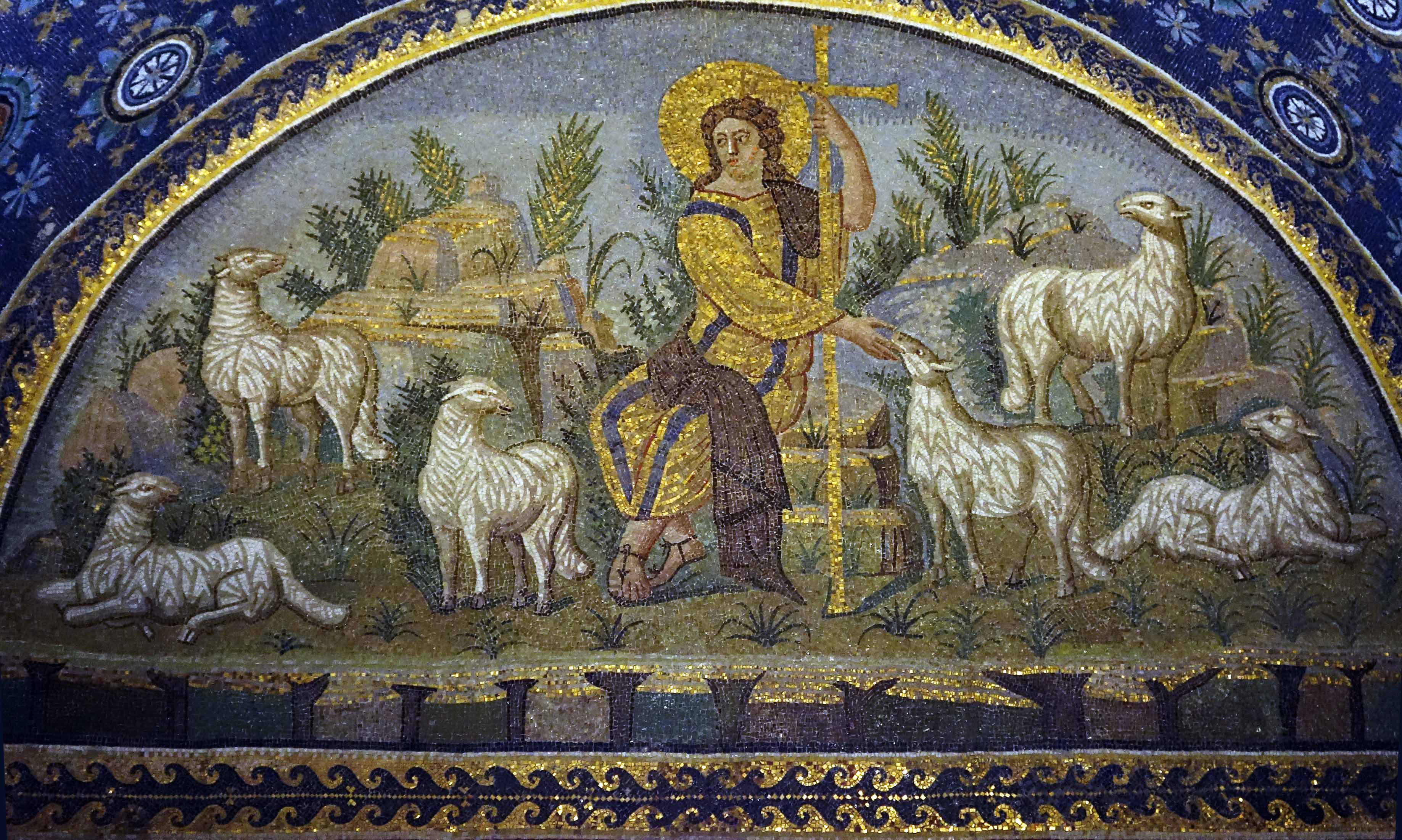 The Good Shepherd, The Mausoleum of Galla Placidia, 425 C.E., mosaic, Ravenna, Italy (photo: Steven Zucker, CC BY-NC-SA 2.0)