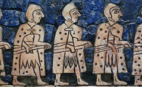 , The Standard of Ur, 2600-2400 B.C.E., shell, red limestone, lapis lazuli, and bitumen (original wood no longer exists), 21.59 x 49.53 x 12 cm, Ur © Trustees of the British Museum