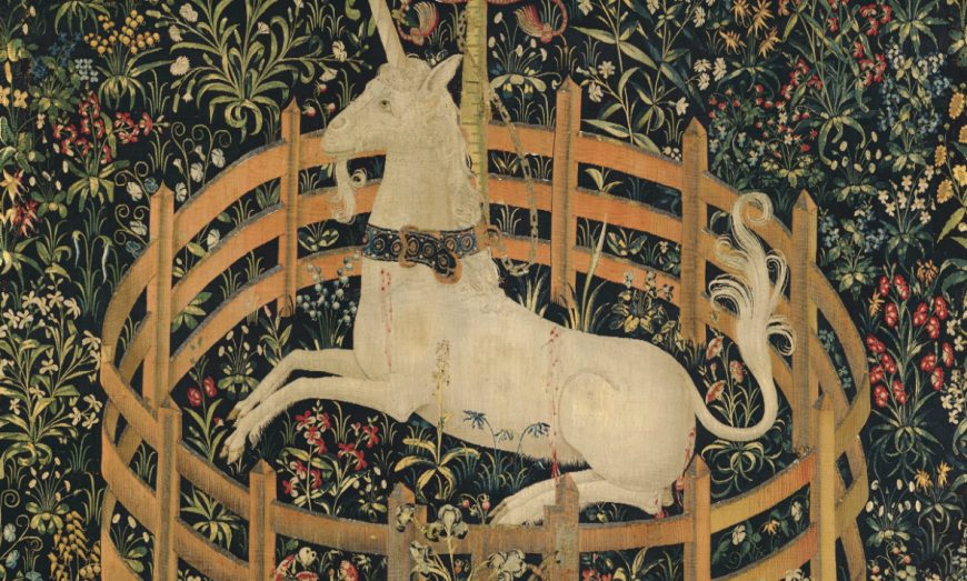 The Unicorn in Captivity (one of seven woven hangings popularly known as the Unicorn Tapestries or the Hunt of the Unicorn)- detail