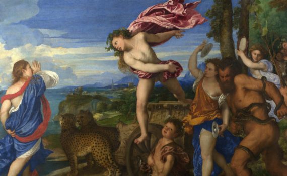 Titian, Bacchus and Ariadne, 1523-24, oil on canvas now atop board, 69-1/2 x 75 inches (National Gallery, London)-thumb