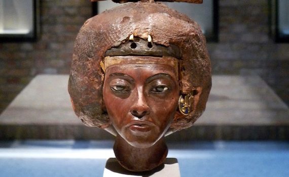 Portrait Head of Queen Tiye with a Crown of Two Feathers, c. 1355 B.C.E., Amarna Period, Dynasty 18, New Kingdom, Egypt, yew wood, lapis lazuli, silver, gold, faience, 22.5 cm high (Egyptian Museum and Papyrus Collection at the Neues Museum, Berlin)