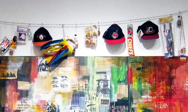 Jaune Quick-to-See Smith, toys and souvenirs (detail), Trade (Gifts for Trading Land with White People), 1992, oil paint and mixed media, collage, objects, canvas, 152.4 x 431.8 cm (Chrysler Museum of Art, Norfolk, Virginia) © Jaune Quick-to-See Smith