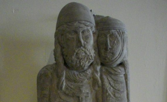 A departing or returning crusader being embraced by his wife, from the Belval Priory, Lorraine, late 12th century (Musée des Beaux-Arts, Nancy)