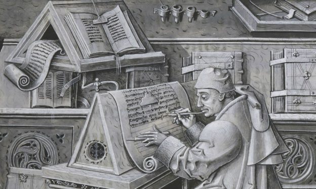 Jean le Tavernier, Portrait of Jean Miélot in his workshop, after 1456, detail