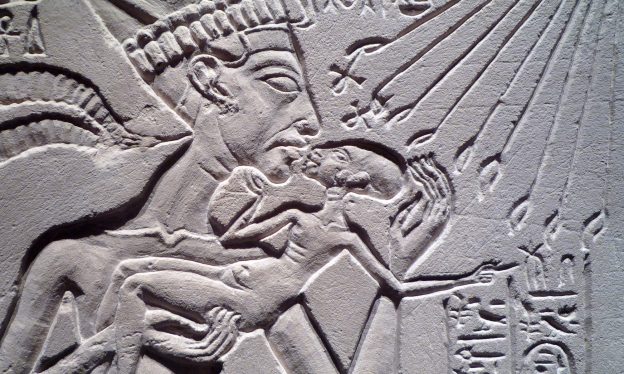House Altar depicting Akhenaten, Nefertiti and Three of their Daughters, limestone, New Kingdom, Amarna period, 18th dynasty, c.1350 BCE (Ägyptisches Museum/Neues Museum, Staatliche Museen zu Berlin)