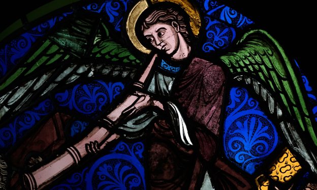 Angel awakening the dead at the Last Judgment (Cluny)  Sainte-Chapelle, Île de la Cité, Paris, 1248