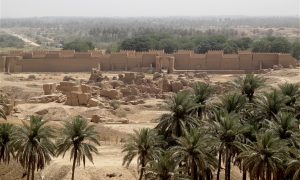 View towards reconstructions from Hussein Palace, from southeast, Babylon, Iraq, June 22, 2009 (photo: Gwendolen Cates)