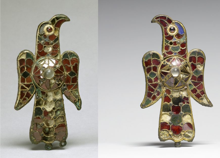 Eagle Fibulae, found at Tierra de Barros (Badajoz, southwest Spain), sheet gold over bronze inlaid with garnets, amythysts, and colored glass, 14.2 x 7.1 x 3.2 cm (The Walters Art Museum)