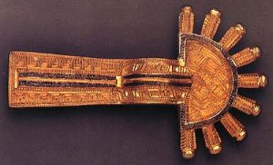 Lombard silver bow fibula, gilded, with inlaid niello and engraved decoration, mid 6th century C.E., found in Kranj, length 11.3 cm.