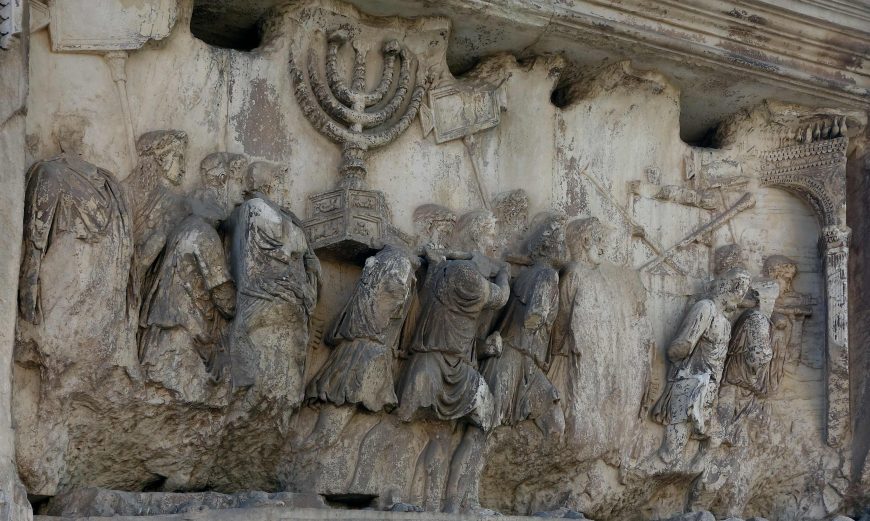 Relief panel shwoing the Spoils of Jerusalem being brought into Rome, Arch of Titus, Rome, after 81 C.E., marble, 7 feet, 10 inches high (photo: Steven Zucker, CC BY-NC-SA 2.0)