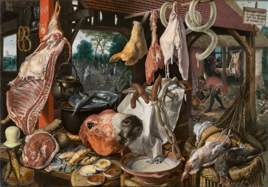 Pieter Aertsen, A Meat Stall with the Holy Family Giving Alms, 1551, oil on panel, 45 1/2 x 66 1/2" / 115.6 x 168.9 cm (North Carolina Museum of Art)
