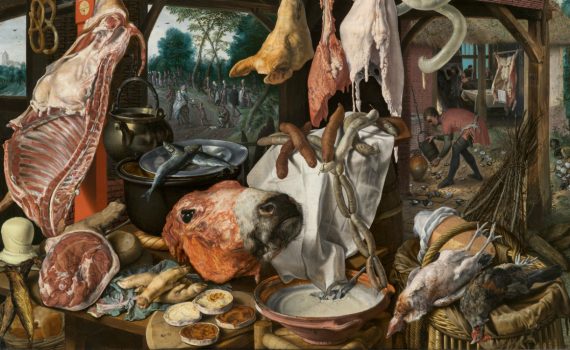 Pieter Aertsen, A Meat Stall with the Holy Family Giving Alms, 1551, oil on panel 45 1/2 x 66 1/2" / 115.6 x 168.9 cm (North Carolina Museum of Art). Other versions include one in the University Art Collections, Uppsala University, Sweden.