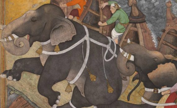 "Emperor Akbar chasing Ran Bagha across the River Jumna," Basawan and Chetar, illustration from the Akbarnama, c. 1586-89, Mughal Empire, opaque watercolor and gold on paper, 33 x 30 cm (Victoria and Albert Museum, London)