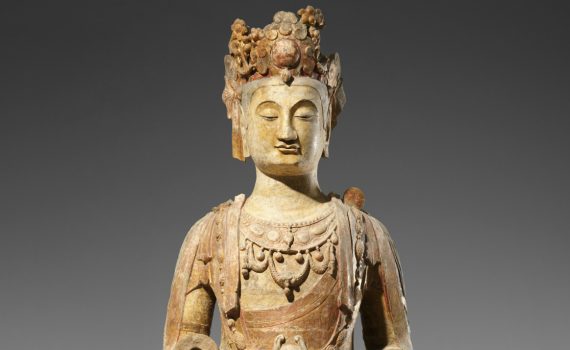 Bodhisattva, probably Avalokiteshvara (Guanyin), Northern Qi dynasty, c. 550-60, Shanxi Province, China, sandstone with pigments, 13-3/4 feet / 419.1 cm high (Metropolitan Museum of Art, New York)