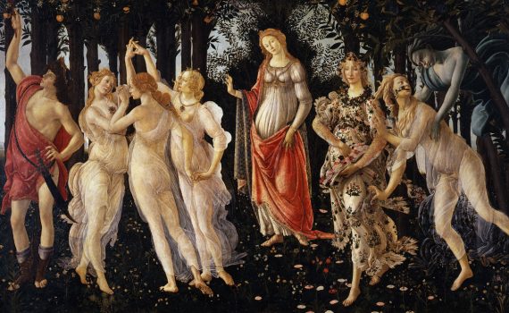 Sandro Botticelli, La Primavera (Spring), 1481-1482, tempera on panel, 80 x 123 1/2" (203 x 314), (Uffizi, Florence)